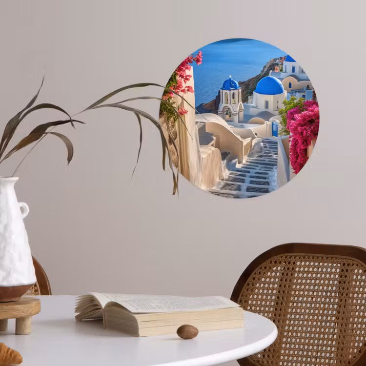 Santorini - Bloemen - Griekenland Wandcirkel behangsticker klein -sfeer3