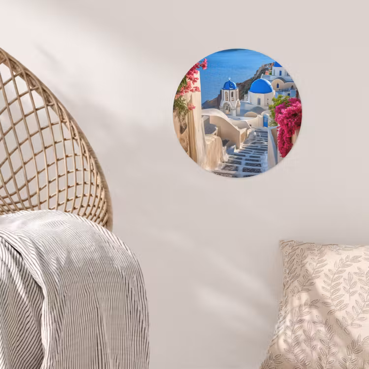 Santorini - Bloemen - Griekenland Wandcirkel behangsticker klein -sfeer4