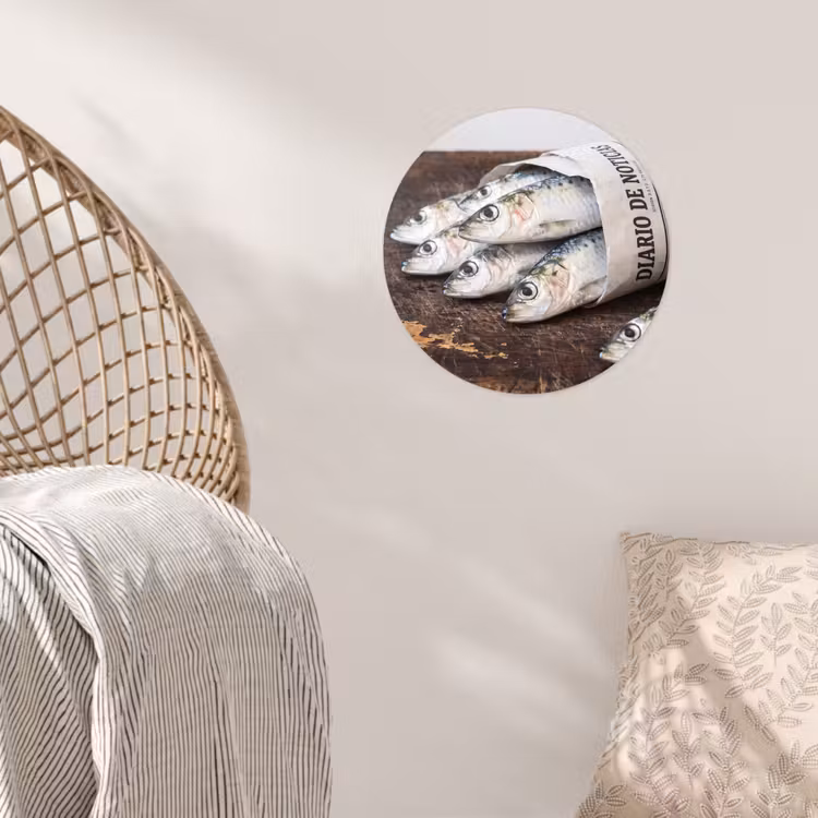 Runde Tapete - Sardine – Zeitung – Schneidebrett - Sardientje - krant - snijplank Wandcirkel behangsticker klein