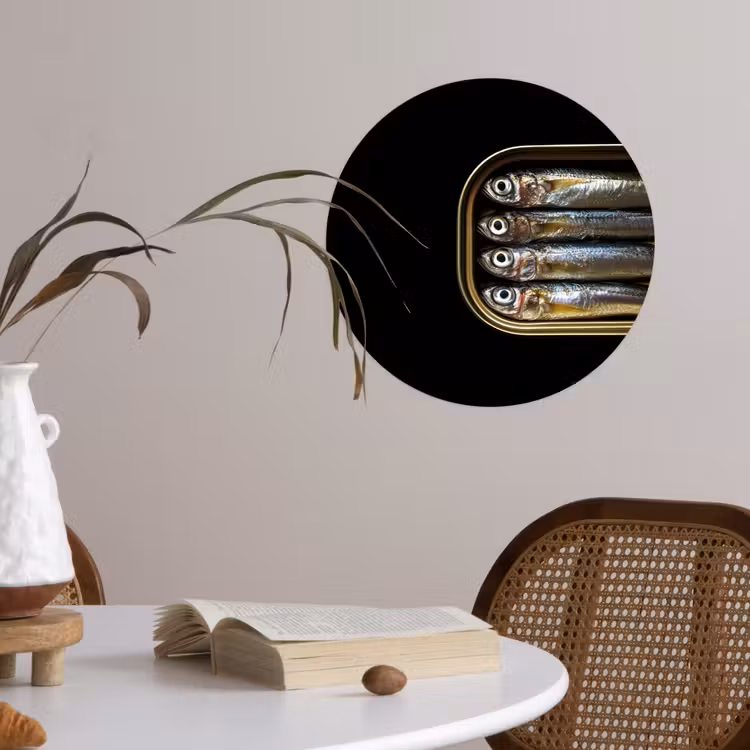 Sardines - Blik - Zwart - Vissen Wandcirkel behangsticker klein -sfeer3