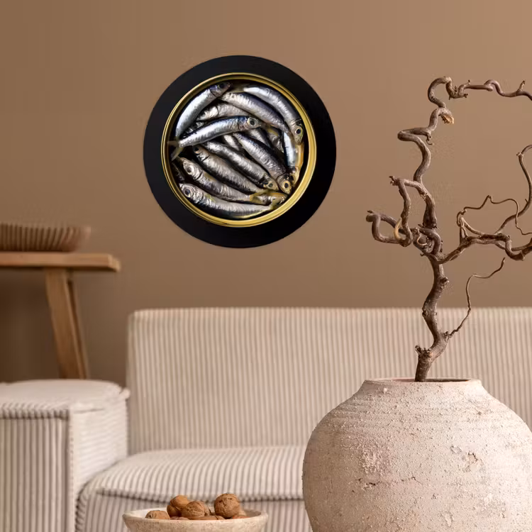 Sardines - Vissen - Rond - Zwart Wandcirkel behangsticker klein -sfeer1
