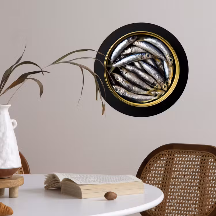 Sardines - Vissen - Rond - Zwart Wandcirkel behangsticker klein -sfeer3