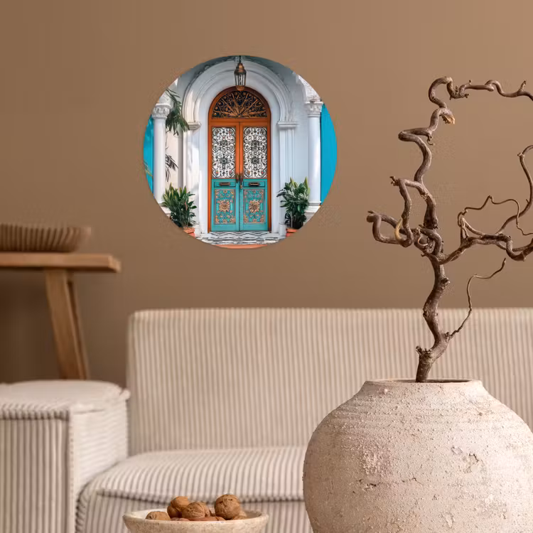 Zuilen - Sierlijke - Deur - Blauw Wandcirkel behangsticker klein -sfeer1