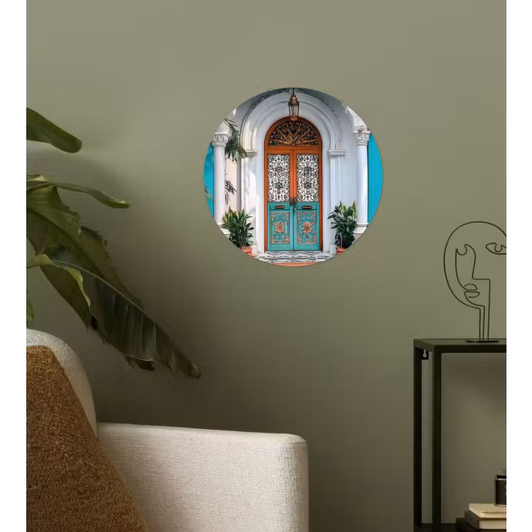 Zuilen - Sierlijke - Deur - Blauw Wandcirkel behangsticker klein -sfeer2