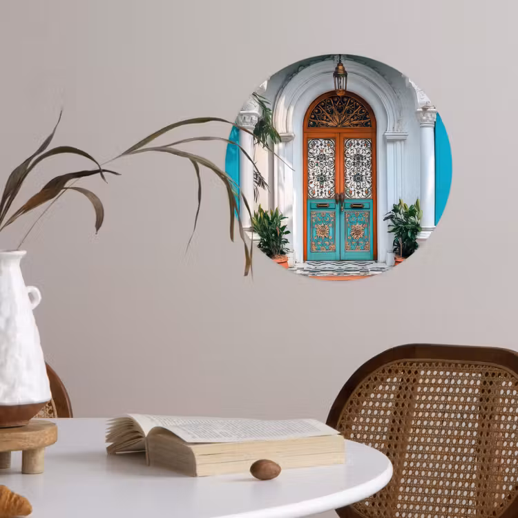 Zuilen - Sierlijke - Deur - Blauw Wandcirkel behangsticker klein -sfeer3