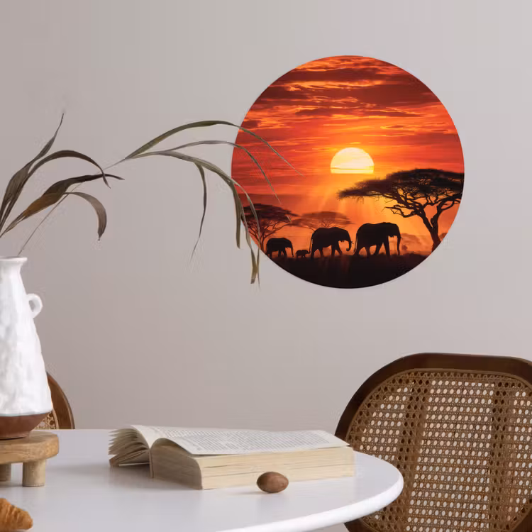 Savanne - Olifanten - Zonsondergang Wandcirkel behangsticker klein -sfeer3