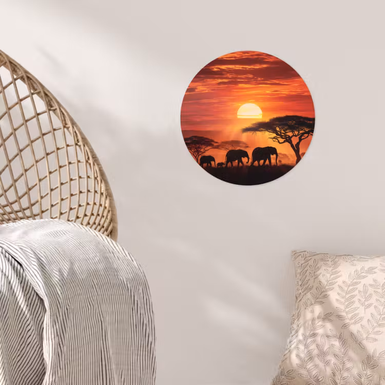 Savanne - Olifanten - Zonsondergang Wandcirkel behangsticker klein -sfeer4