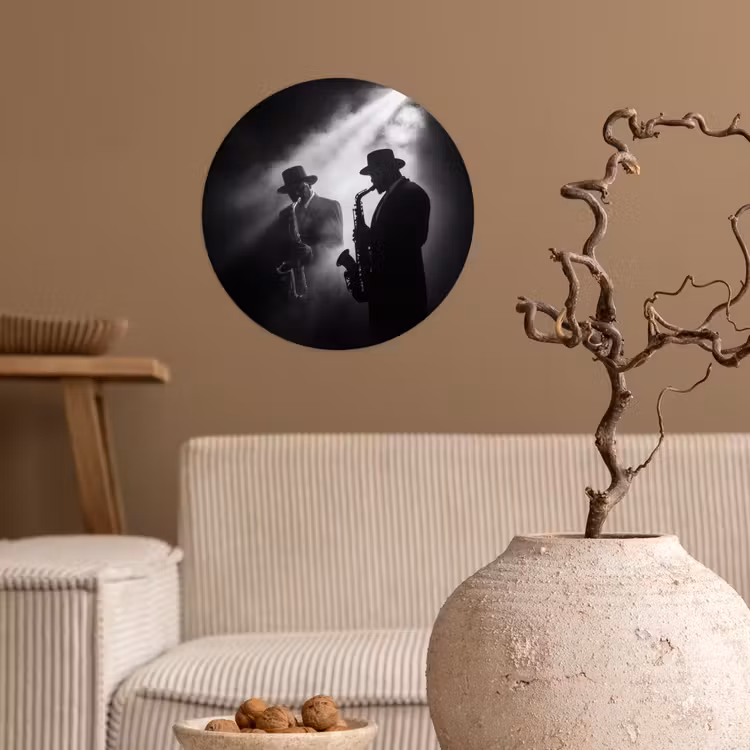 Saxofonisten - Hoeden - Rook - Licht Wandcirkel behangsticker klein -sfeer1