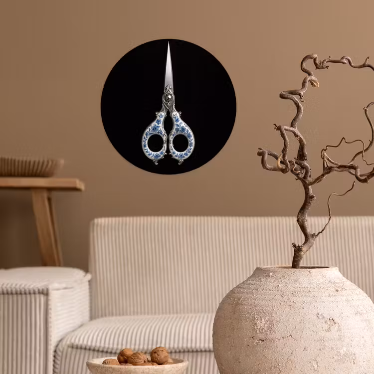 Schaar - Delfts blauw - Zwart Wandcirkel behangsticker klein -sfeer1
