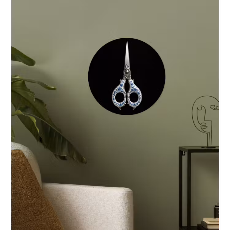Schaar - Delfts blauw - Zwart Wandcirkel behangsticker klein -sfeer2