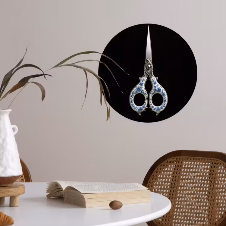 Schaar - Delfts blauw - Zwart Wandcirkel behangsticker klein -sfeer3