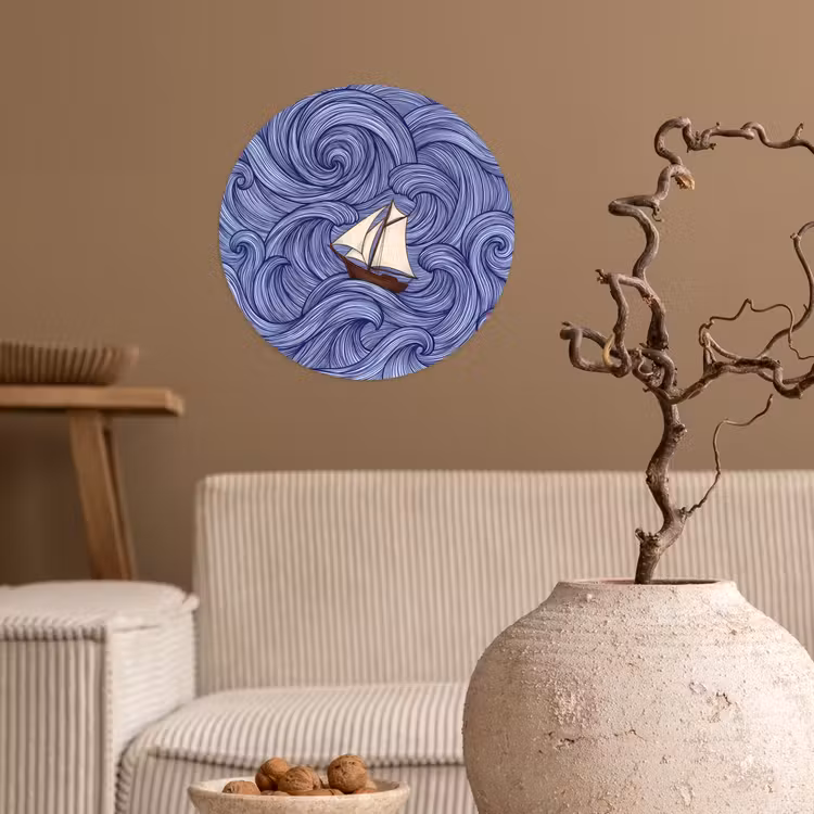 Schip - Golven - Zee - Illustratie - Blauw Wandcirkel behangsticker klein -sfeer1