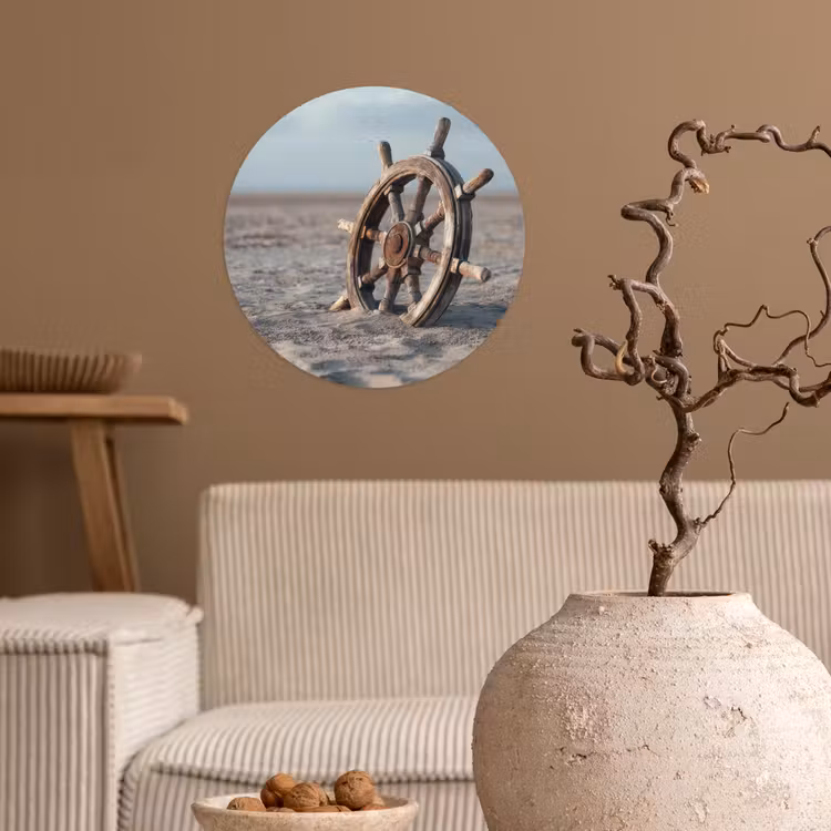 Scheepsstuur - Hout - Bruin - Zand Wandcirkel behangsticker klein -sfeer1