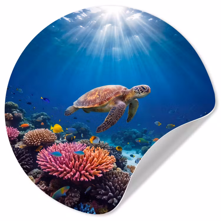 Schildpad - Koraalrif - Oceaan - Dieren - Blauw Wandcirkel behangsticker klein -3d