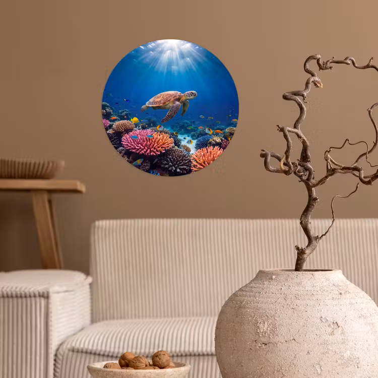 Schildpad - Koraalrif - Oceaan - Dieren - Blauw Wandcirkel behangsticker klein -sfeer1
