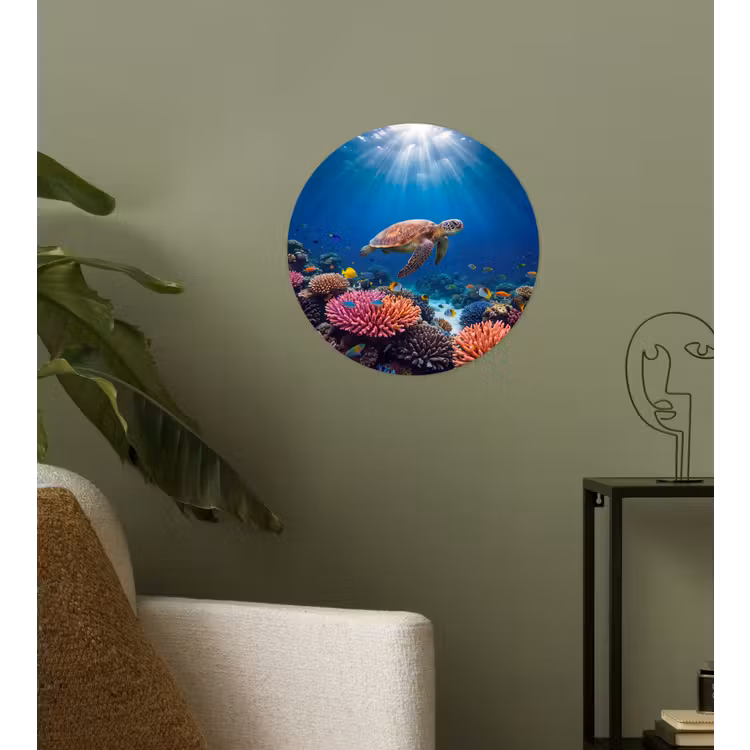 Schildpad - Koraalrif - Oceaan - Dieren - Blauw Wandcirkel behangsticker klein -sfeer2