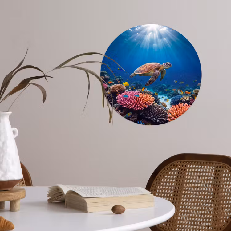 Schildpad - Koraalrif - Oceaan - Dieren - Blauw Wandcirkel behangsticker klein -sfeer3