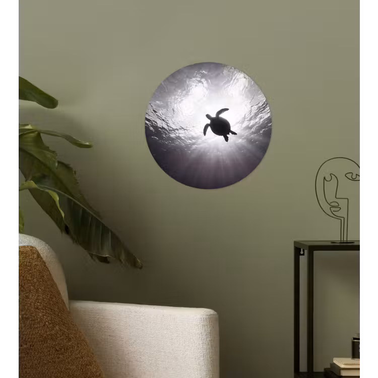 Schildpad - Onderwater - Lichtstralen - Oceaan - Zwart-wit Wandcirkel behangsticker klein -sfeer2