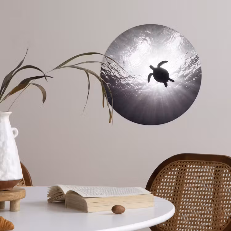 Schildpad - Onderwater - Lichtstralen - Oceaan - Zwart-wit Wandcirkel behangsticker klein -sfeer3