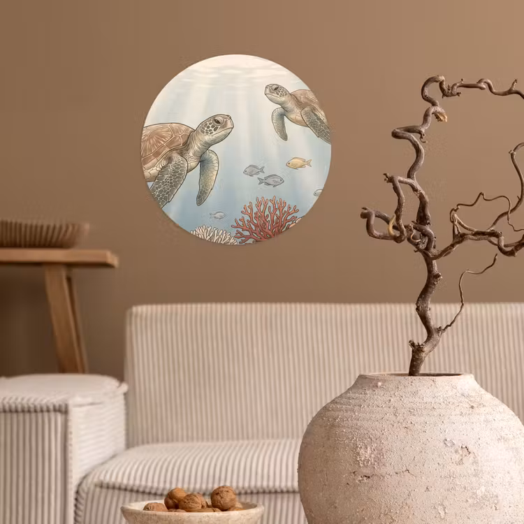 Schildpad - Onderwater - Natuur - Illustratie Wandcirkel behangsticker klein -sfeer1
