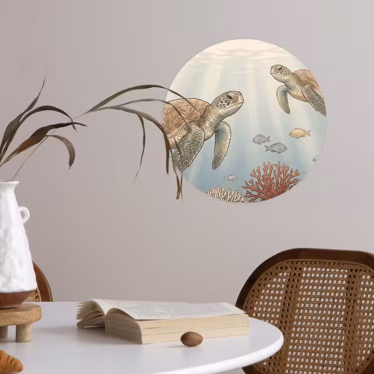 Schildpad - Onderwater - Natuur - Illustratie Wandcirkel behangsticker klein -sfeer3