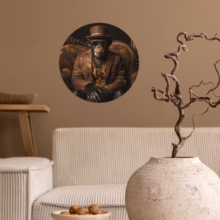 Chimpansee - Stoel - Pak - Bruin Wandcirkel behangsticker klein -sfeer1
