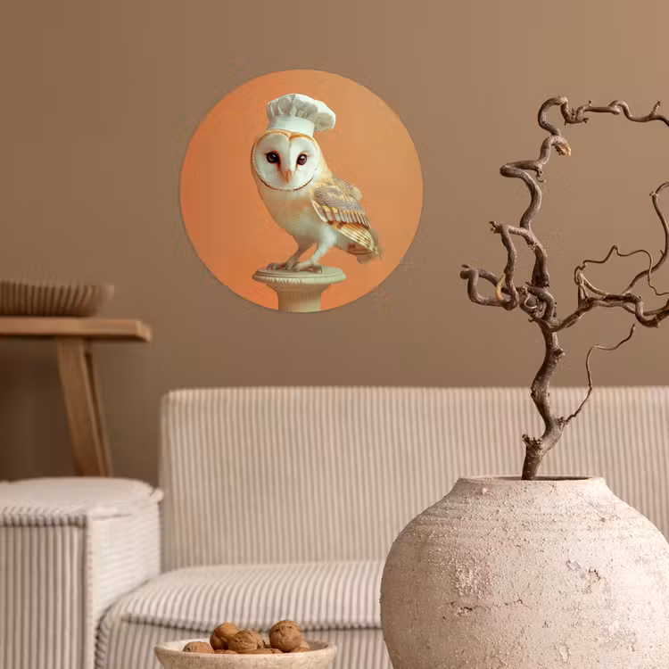 Kerkuil - Koksmuts - Oranje - Vogel Wandcirkel behangsticker klein -sfeer1