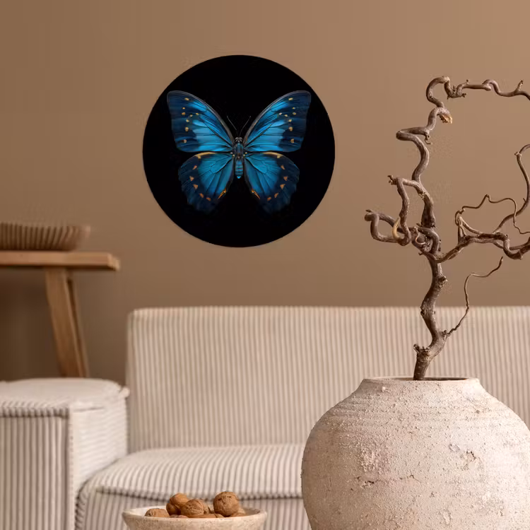Vlinder - Blauw - Contrast Wandcirkel behangsticker klein -sfeer1