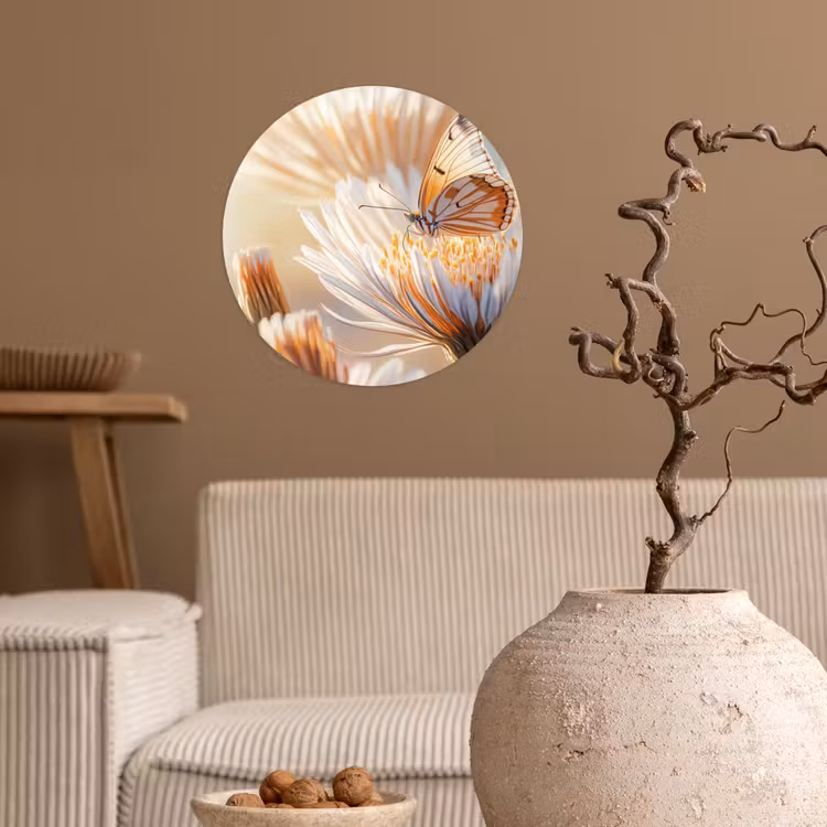 Vlinder - Bloem - Oranje Wandcirkel behangsticker klein -sfeer1