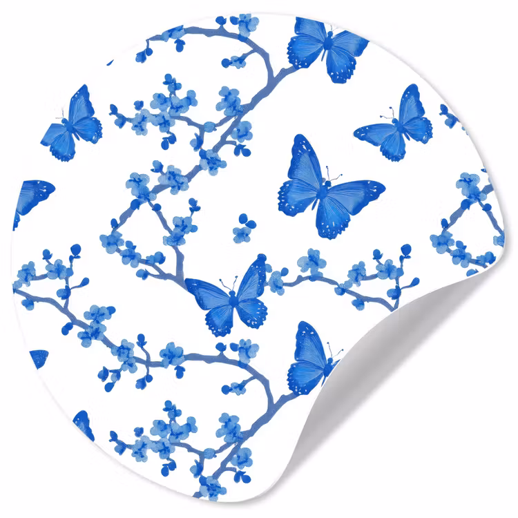 Vlinder - Bloemen - Blauw Wandcirkel behangsticker klein 186 -3d