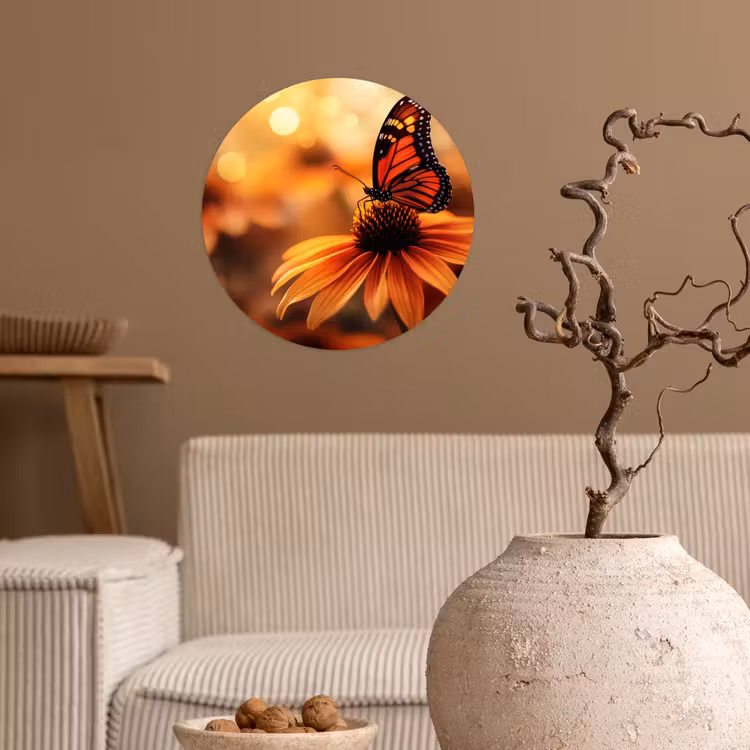 Vlinder - Bloemen - Oranje Wandcirkel behangsticker klein -sfeer1