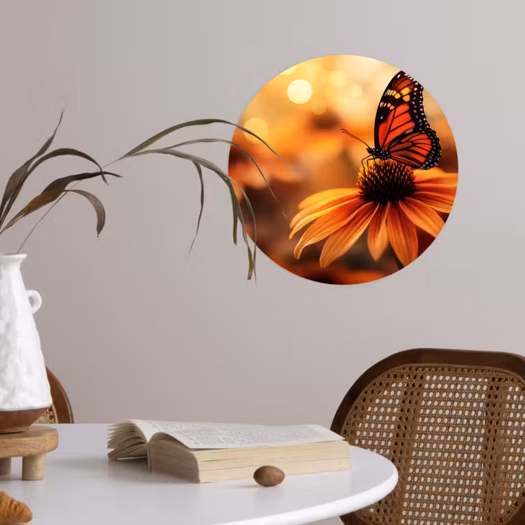 Vlinder - Bloemen - Oranje Wandcirkel behangsticker klein -sfeer3