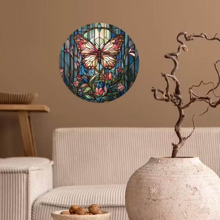 Vlinder - Roze - Bloemen - Bladeren Wandcirkel behangsticker klein -sfeer1