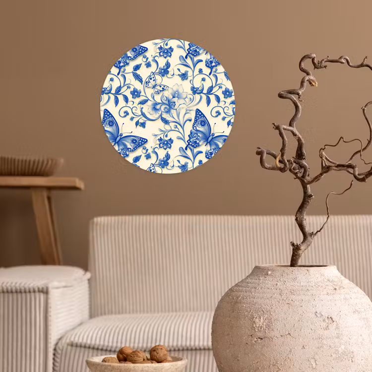 Vlinders - Bloemen - Blauw - Botanisch Wandcirkel behangsticker klein 186 -sfeer1