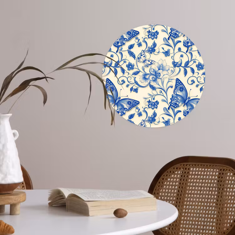 Vlinders - Bloemen - Blauw - Botanisch Wandcirkel behangsticker klein 186 -sfeer3