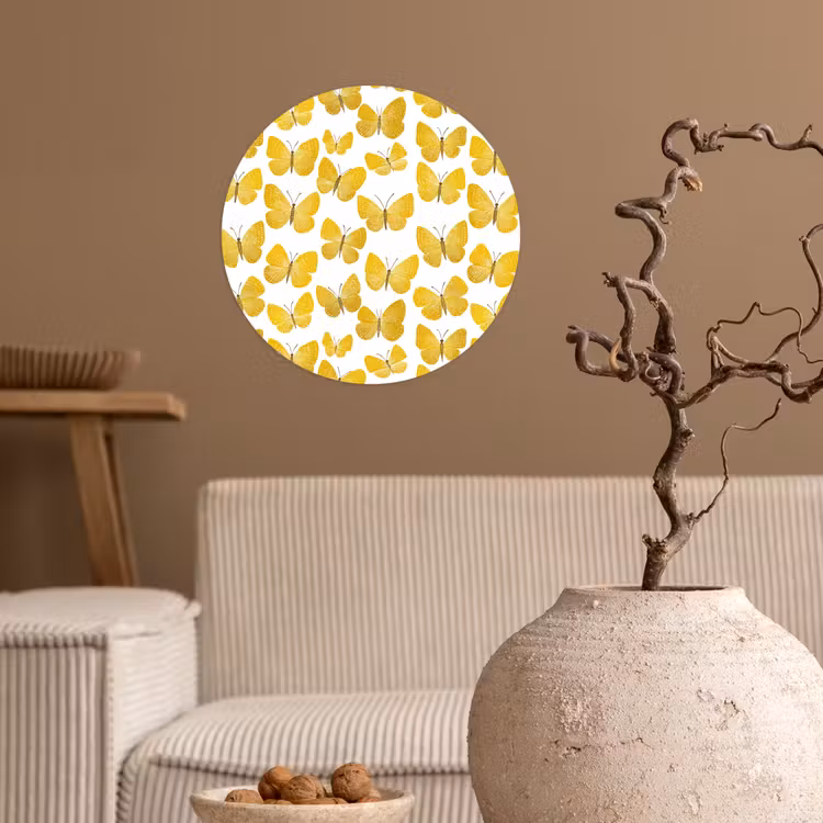 Vlinders - Botanisch - Illustratie - Geel - Wit Wandcirkel behangsticker klein 186 -sfeer1