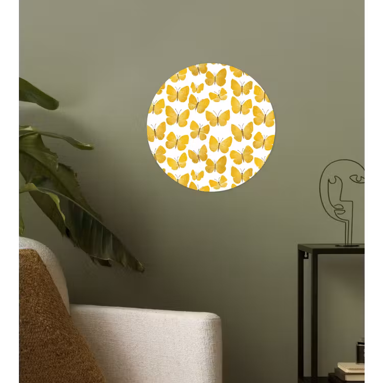 Vlinders - Botanisch - Illustratie - Geel - Wit Wandcirkel behangsticker klein 186 -sfeer2
