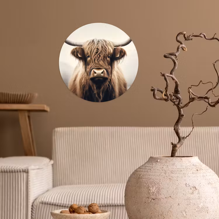 Schotse hooglander - Hoorns - Landschap Wandcirkel behangsticker klein -sfeer1