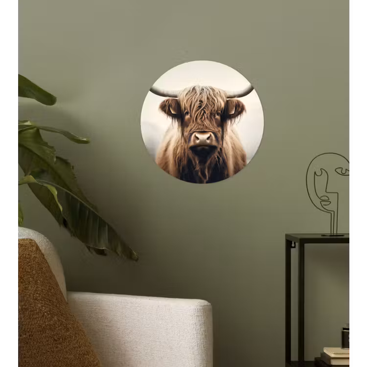 Schotse hooglander - Hoorns - Landschap Wandcirkel behangsticker klein -sfeer2