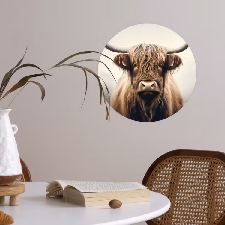 Schotse hooglander - Hoorns - Landschap Wandcirkel behangsticker klein -sfeer3