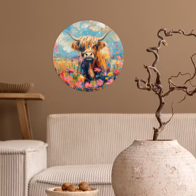 Schotse hooglander - Natuur - Kleurrijk - Bloemen Wandcirkel behangsticker klein -sfeer1