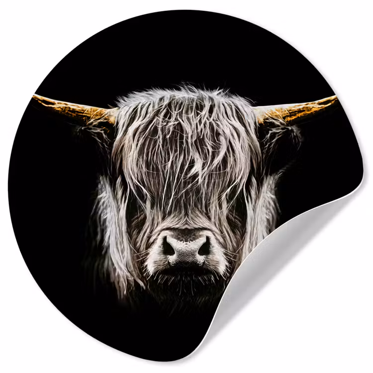 Schotse hooglander - Goud - Hoorns - Zwart wit - Koe - Dieren Wandcirkel behangsticker klein -3d