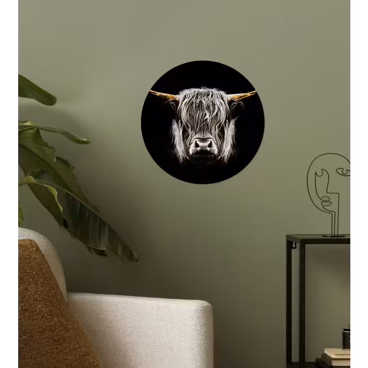 Schotse hooglander - Goud - Hoorns - Zwart wit - Koe - Dieren Wandcirkel behangsticker klein -sfeer2