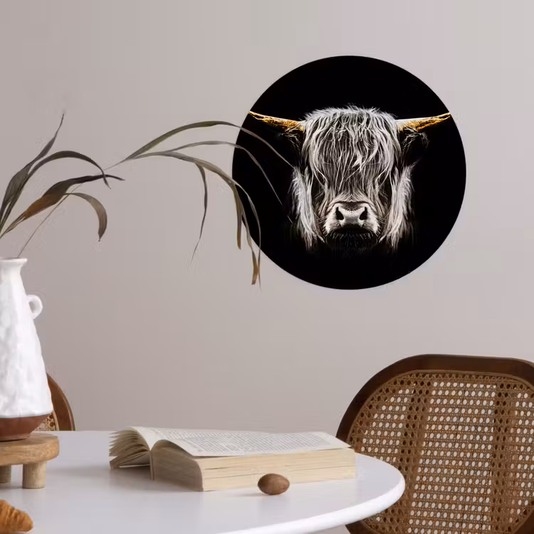 Schotse hooglander - Goud - Hoorns - Zwart wit - Koe - Dieren Wandcirkel behangsticker klein -sfeer3