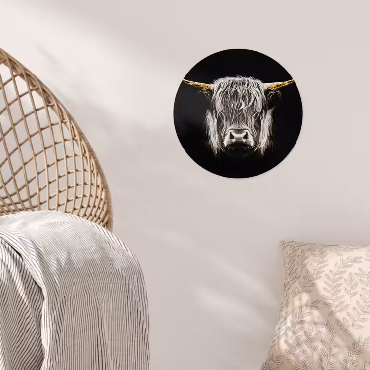 Schotse hooglander - Goud - Hoorns - Zwart wit - Koe - Dieren Wandcirkel behangsticker klein -sfeer4