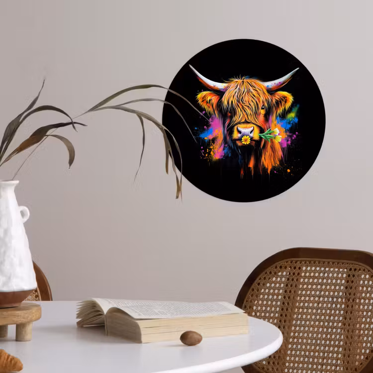 Schotse Hooglander - Graffiti - Kleurrijk - Bloem - Dieren Wandcirkel behangsticker klein -sfeer3