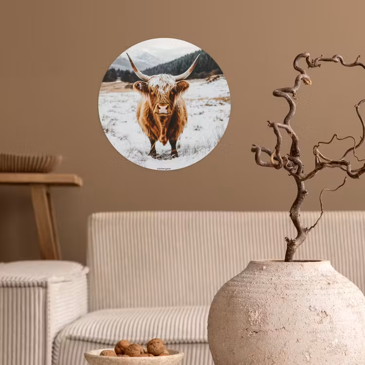 Schotse Hooglander - Sneeuw - Winter - Dieren Wandcirkel behangsticker klein -sfeer1