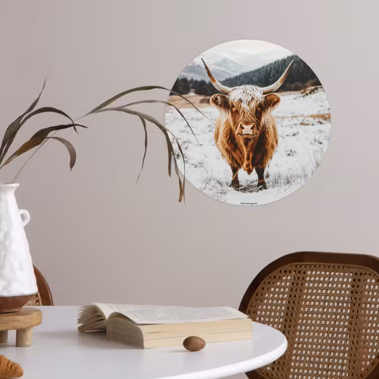 Schotse Hooglander - Sneeuw - Winter - Dieren Wandcirkel behangsticker klein -sfeer3