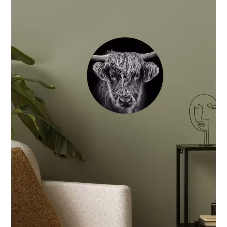 Schotse hooglander - Zwart - Koe - Dieren Wandcirkel behangsticker klein -sfeer2