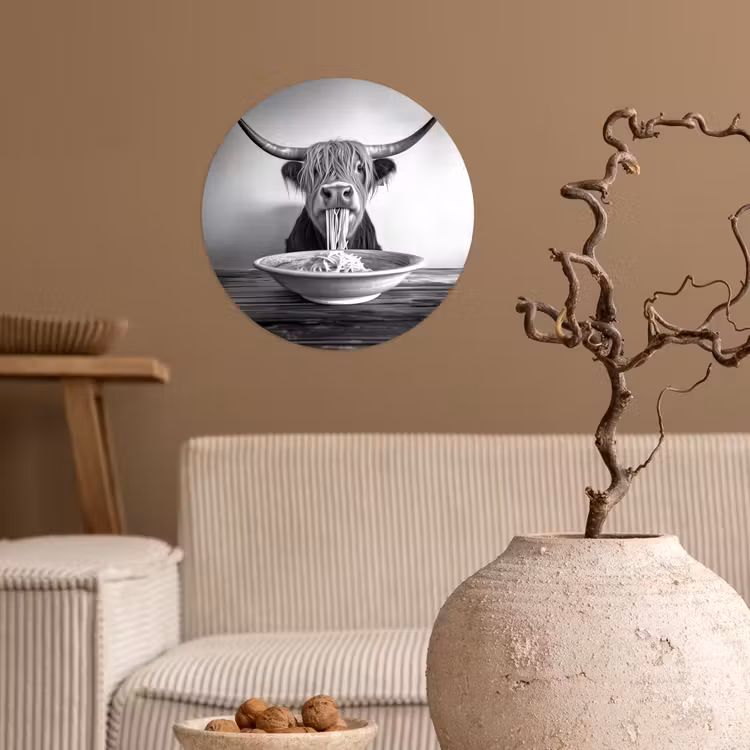 Schotse Hooglander - Spaghetti - Dieren - Zwart wit Wandcirkel behangsticker klein -sfeer1